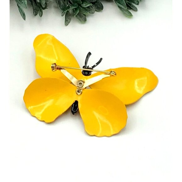 Vintage Yellow Butterfly Brooch Pin With Hand-Painted Red & Black Floral Design - Picture 4 of 5
